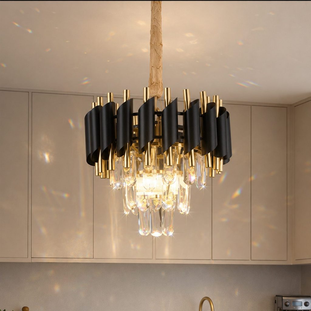 Candelabru Cristal VERSAILLES Petito 3xE14, Diametru 30cm, Auriu Lucios si Negru, Inaltime Reglabila