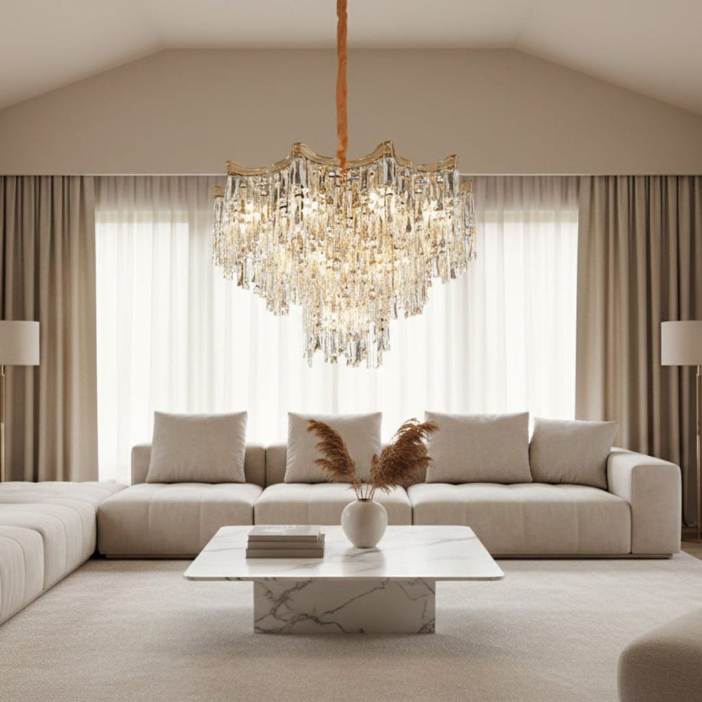 Candelabru Cristal VETRA Nobile 6xE14, D40 cm, Auriu, Inaltime Reglabila, Metal si Cristal