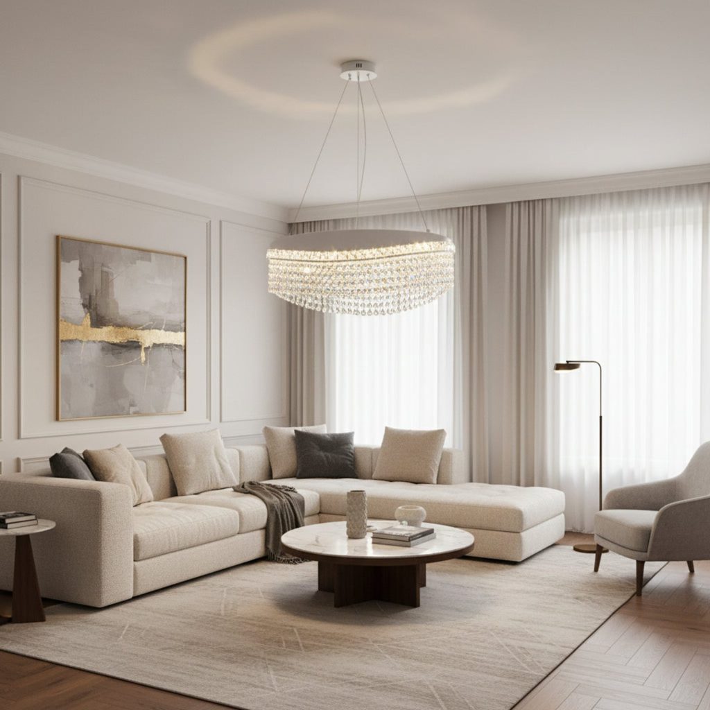 Candelabru Cristal VOLNA Eleganza, 102W, D50cm, Lumina Calda/Neutra/Rece, Alb, Metal si Cristal