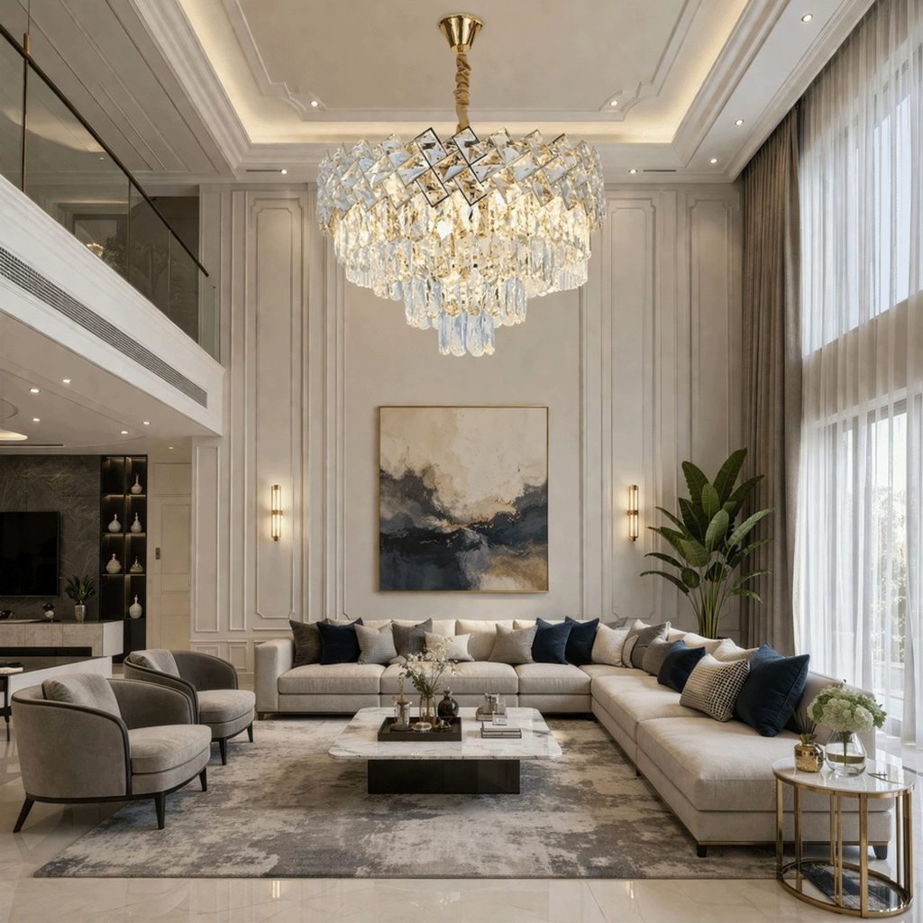 Candelabru Cristal WINDSOR Eleganza 8x E14, Diametru 39cm, Auriu Lucios, Inaltime Reglabila, Metal si Cristal