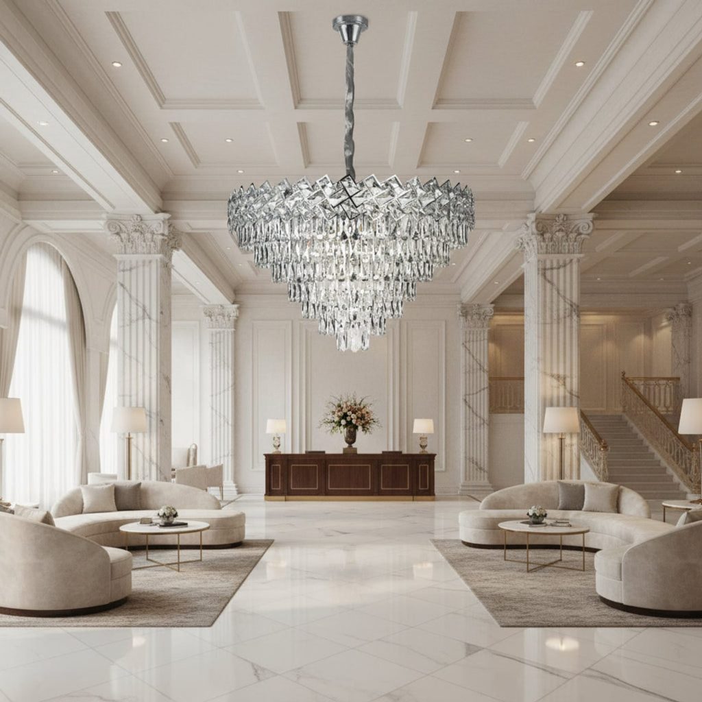 Candelabru Cristal WINDSOR Supremo 10xE14, Diametru 80cm, Crom Lucios, Inaltime Reglabila