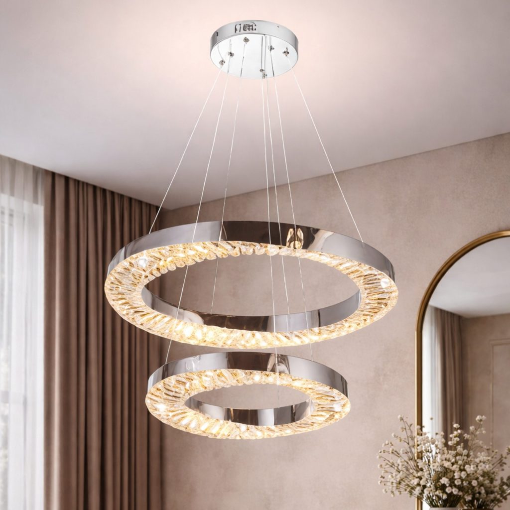 Candelabru LED cu Telecomanda, 196W, HALO Magno, Diametru 40+60 cm, Inaltime 120 cm, IP20, Lumina Rece/Neutra/Calda, Dimabila, Crom, Cristal, Metal
