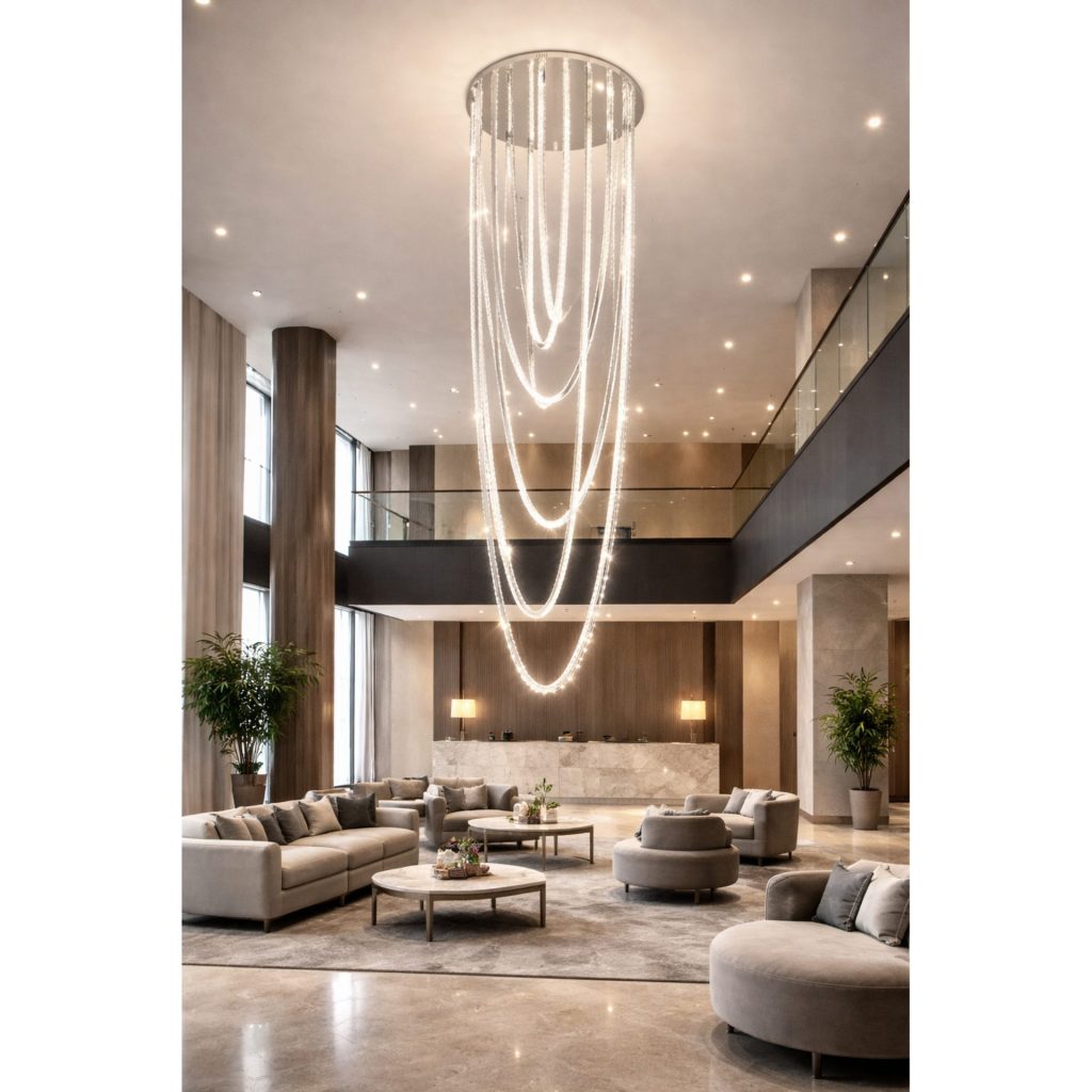 Candelabru LED cu Telecomanda, VEIL, Diametru 80 cm, Inaltime 200 cm, Lumina Rece/Neutra/Calda, Dimabila, Argintiu, Cristal, Metal