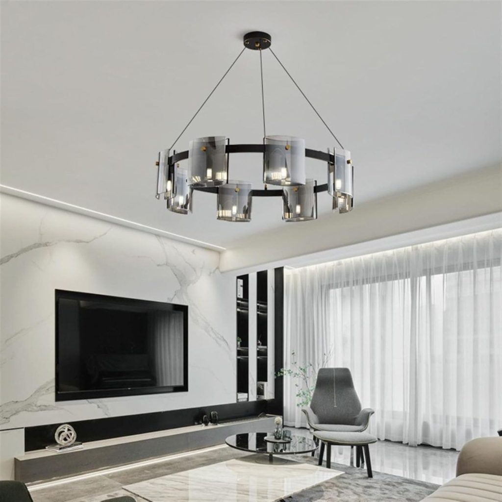 Candelabru Modern, Valmontreux Largo, 8xG9, Diametru 80cm, Negru si Cristale Cenusii, Inaltime Reglabila, Metal si Cristal