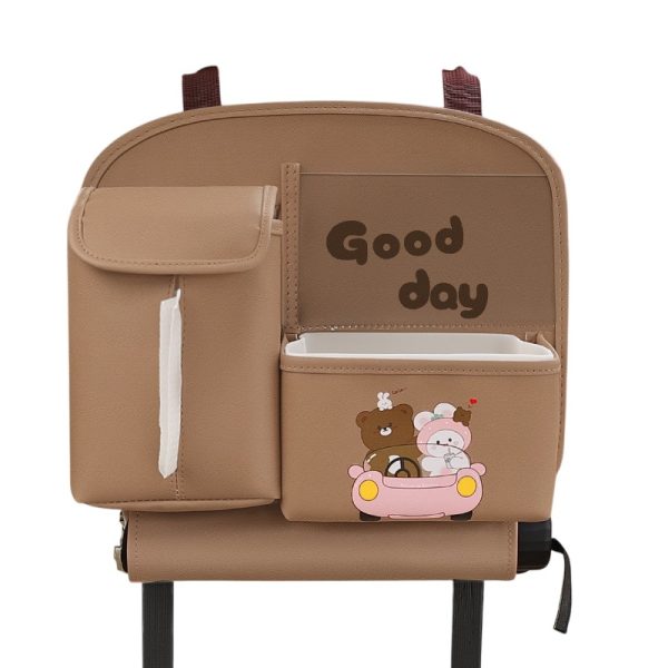 Geanta Multifunctionala de Depozitare, Flippy, pentru Bancheta din Spate a Masinii, Animat, Model Ursuleti, Scris Good Day, Suport Servetele si Telefon, 25x31 cm, Maro