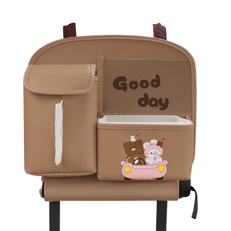 Geanta Multifunctionala de Depozitare, Flippy, pentru Bancheta din Spate a Masinii, Animat, Model Ursuleti, Scris Good Day, Suport Servetele si Telefon, 25x31 cm, Maro