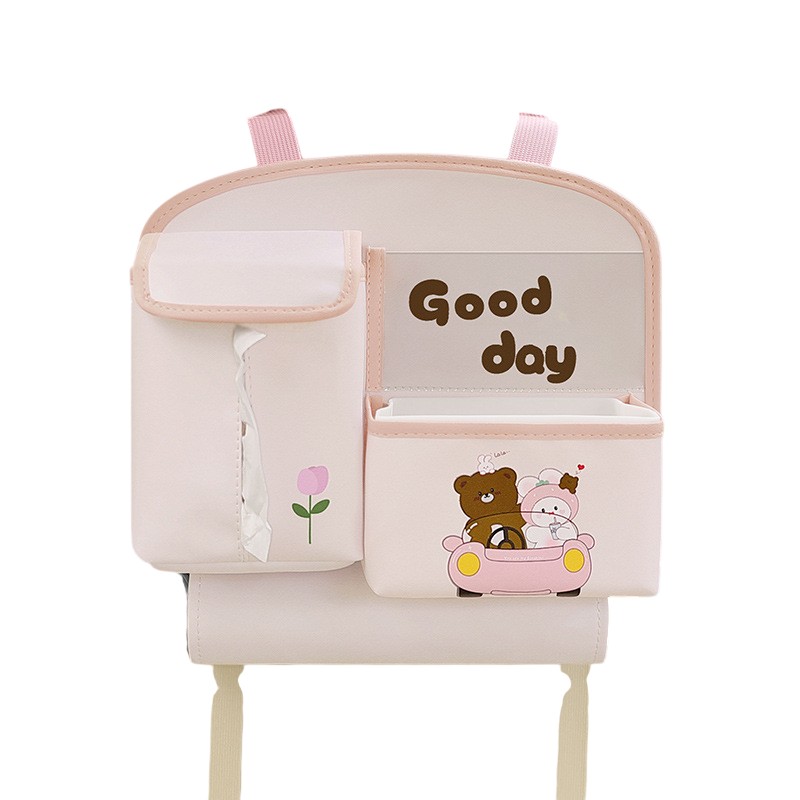 Geanta Multifunctionala de Depozitare, Flippy, pentru Bancheta din Spate a Masinii, Animat, Model Ursuleti, Scris Good Day, Suport Servetele si Telefon, 25x31 cm, Roz