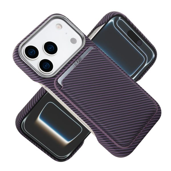 Husa MagSafe pentru iPhone 17 Pro Max, Flippy, Suport Card Detasabil, Carcasa pentru Telefon, Textura Fibra de Carbon, Business Style, Mov