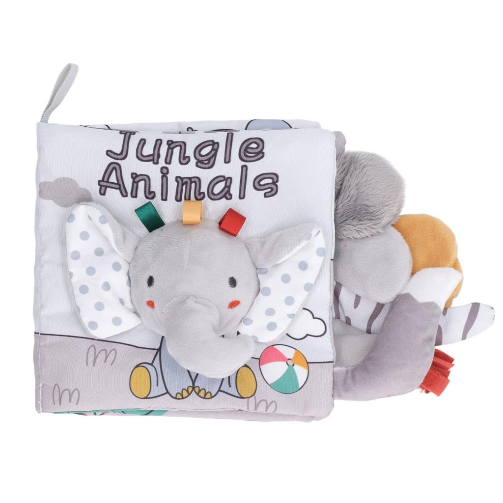 Carte Senzoriala, Flippy, pentru Bebelusi, 15x16x6 cm, cu Animalute, 3D, Cu Sunete si Fosnete, 0-3 Ani, Model Elefantel, Gri