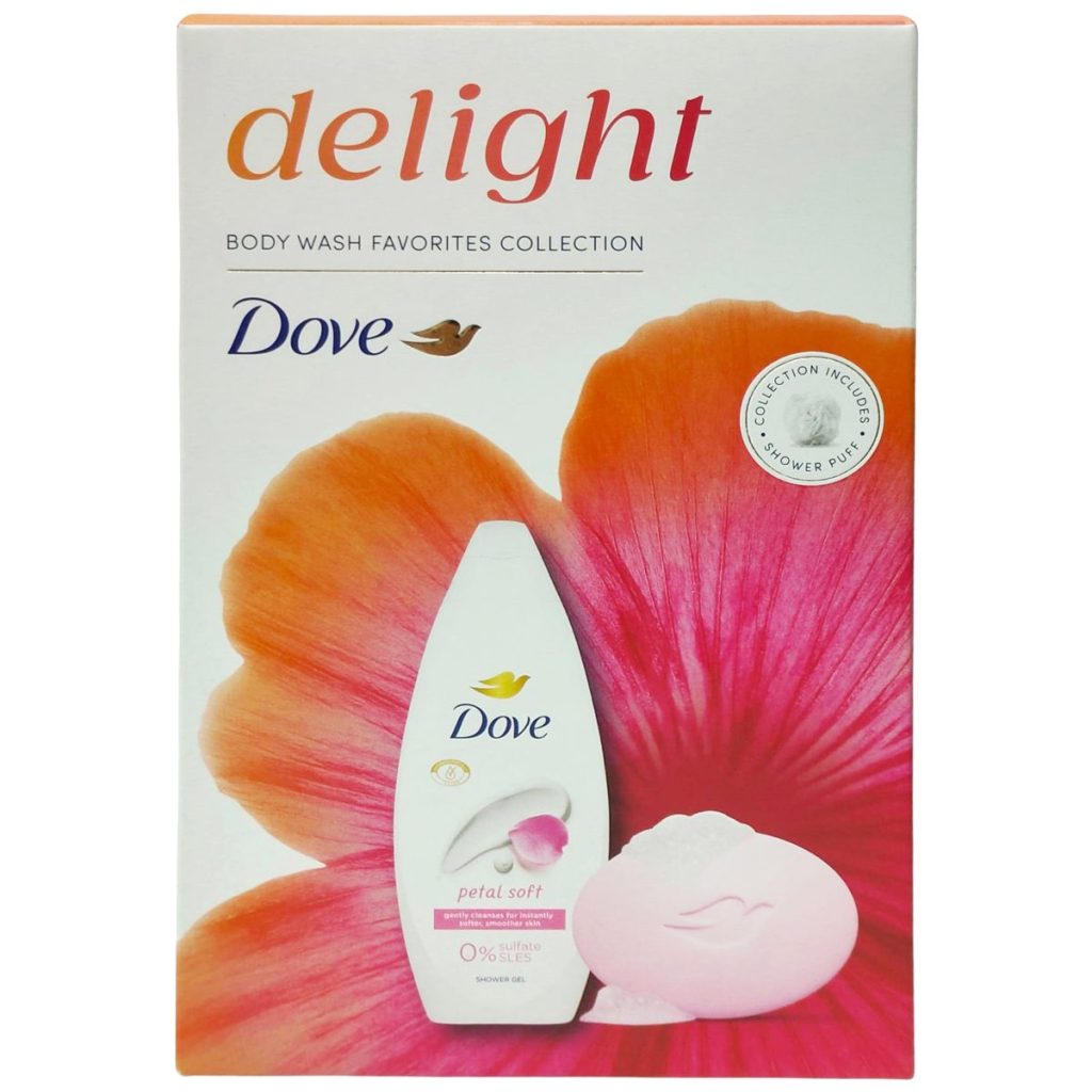 Caseta Cadou, Dove, Gel de Dus 250, Sap90, Puf Delight Petal Soft
