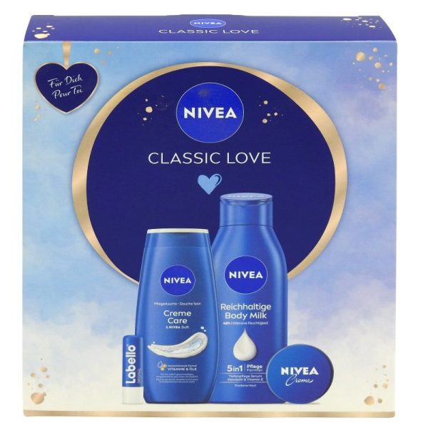 Caseta Cadou, Nivea, Gel de Dus 250, Lotiune de Corp 400, Cr30, Balsam Buze5.5 Classic Love