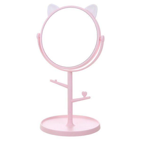 Oglina Cosmetica cu Picior, Flippy, HD, Rotire 360 Grade, 15 cm Diametru, Suport Bijuterii Baza Rotunda + 2 Brate pentru Accesorii, Model cu Urechi Albe de Ursulet, 31 x 14.5 x 15 cm, din Plastic, Roz