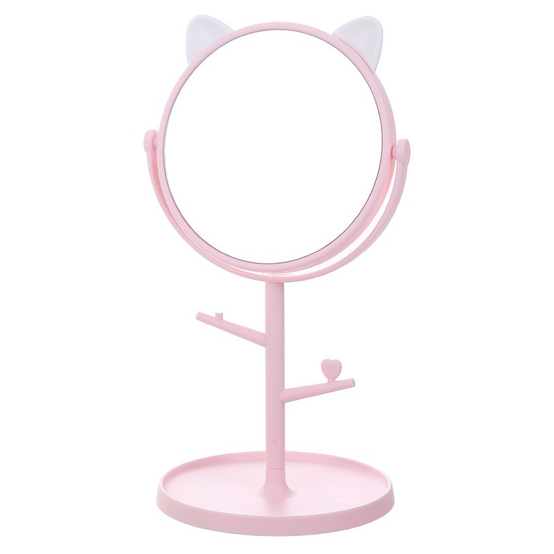 Oglina Cosmetica cu Picior, Flippy, HD, Rotire 360 Grade, 15 cm Diametru, Suport Bijuterii Baza Rotunda + 2 Brate pentru Accesorii, Model cu Urechi Albe de Ursulet, 31 x 14.5 x 15 cm, din Plastic, Roz