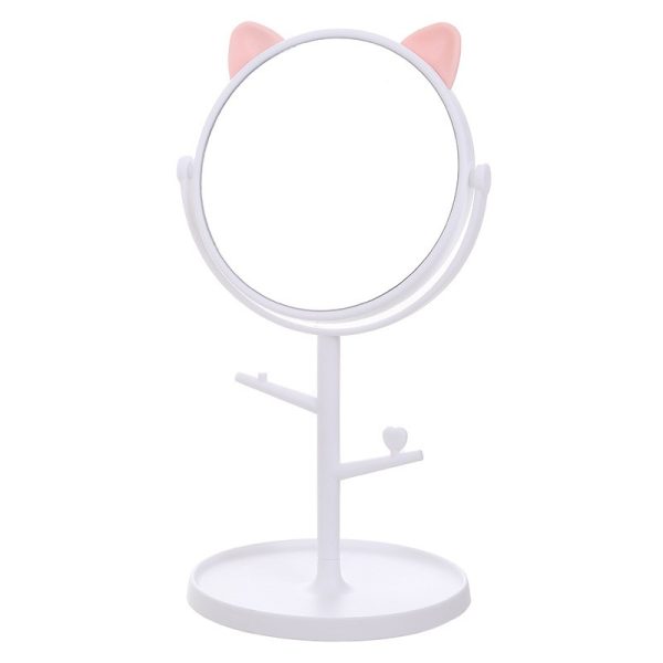 Oglina Cosmetica cu Picior, Flippy, HD, Rotire 360 Grade, 15 cm Diametru, Suport Bijuterii Baza Rotunda + 2 Brate, Model cu Urechi Roz de Ursulet, 31 x 14.5 x 15 cm, din Plastic, Alb