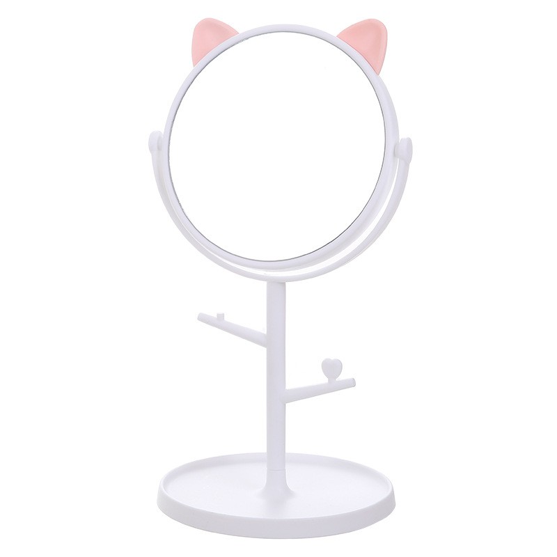 Oglina Cosmetica cu Picior, Flippy, HD, Rotire 360 Grade, 15 cm Diametru, Suport Bijuterii Baza Rotunda + 2 Brate, Model cu Urechi Roz de Ursulet, 31 x 14.5 x 15 cm, din Plastic, Alb