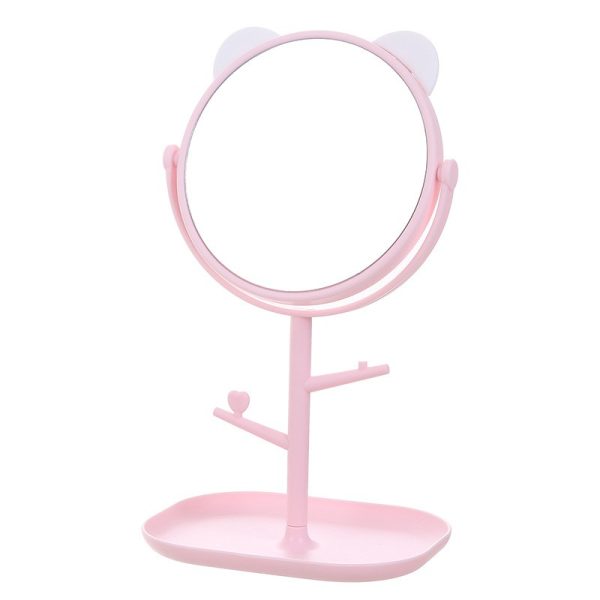 Oglina Cosmetica cu Picior, Flippy, HD, Rotire 360 Grade, 15 cm Diametru, Suport Bijuterii Baza + 2 Brate pentru Accesorii, Model cu Urechi Albe de Ursulet, 30 x 16.5 x 15 cm, Roz