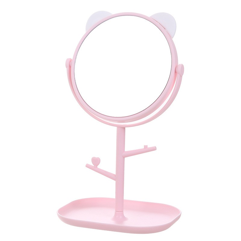 Oglina Cosmetica cu Picior, Flippy, HD, Rotire 360 Grade, 15 cm Diametru, Suport Bijuterii Baza + 2 Brate pentru Accesorii, Model cu Urechi Albe de Ursulet, 30 x 16.5 x 15 cm, Roz