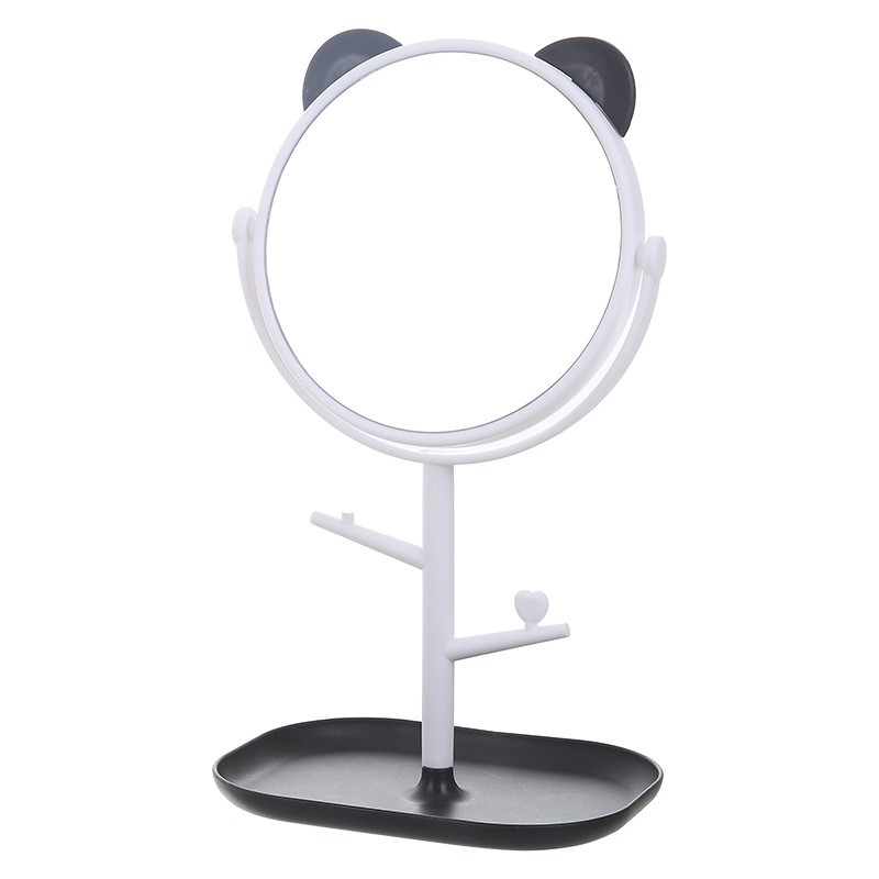 Oglina Cosmetica cu Picior, Flippy, Rotire 360 Grade, 15 cm Diametru, Suport Bijuterii Baza + 2 Brate pentru Accesorii, Model cu Urechi Negre de Ursulet, 30 x 16.5 x 15 cm, Alb