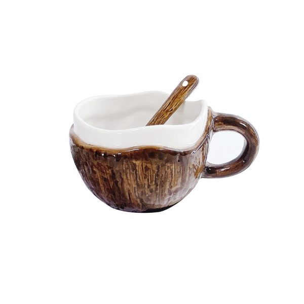 Cana din Ceramica, Flippy, 201-300 ml, cu Lingurita, Model Nuca de Cocos, Maro