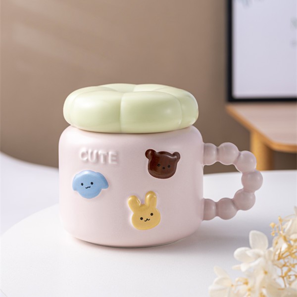 Cana pentru Copii, Flippy, din Portelan, print Figurine Animalute, Model CUTE, Cana cu Capac, Ceasca pentru Cafea, Ceai, 400ml Roz