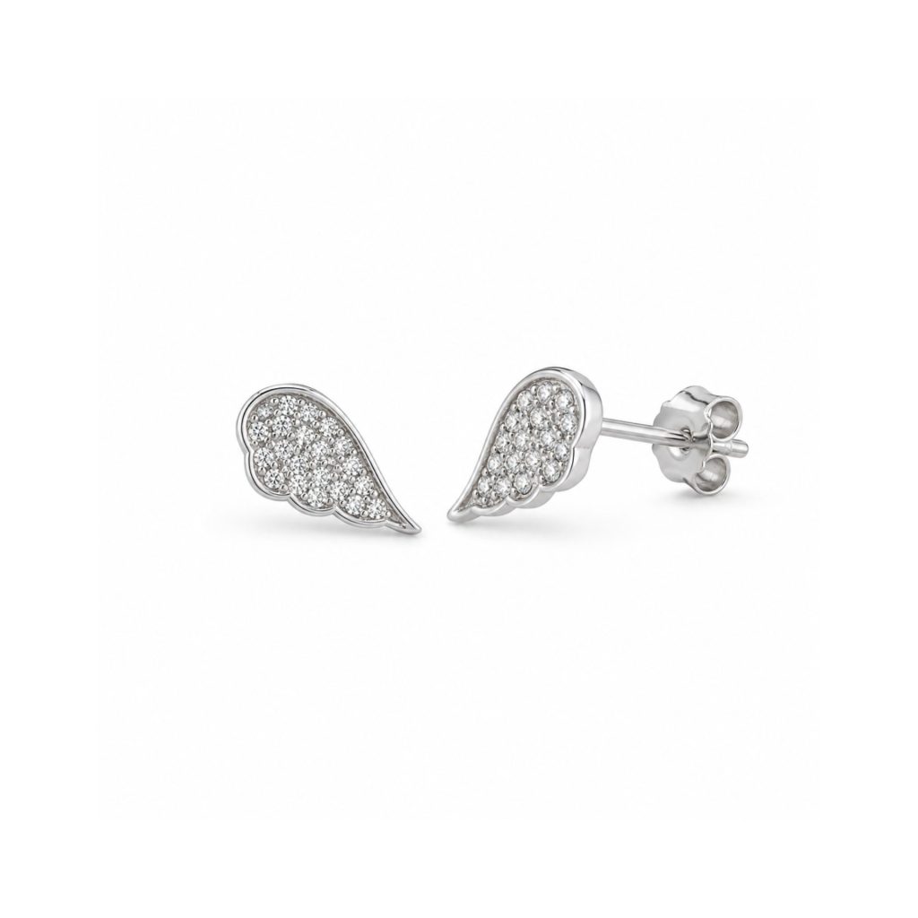 Cercei Stud din Argint 925, Jolie Silver, Model Aripi de Inger, cu Zirconii Albe, Design Elegant, Finisaj Lucios, Argintiu