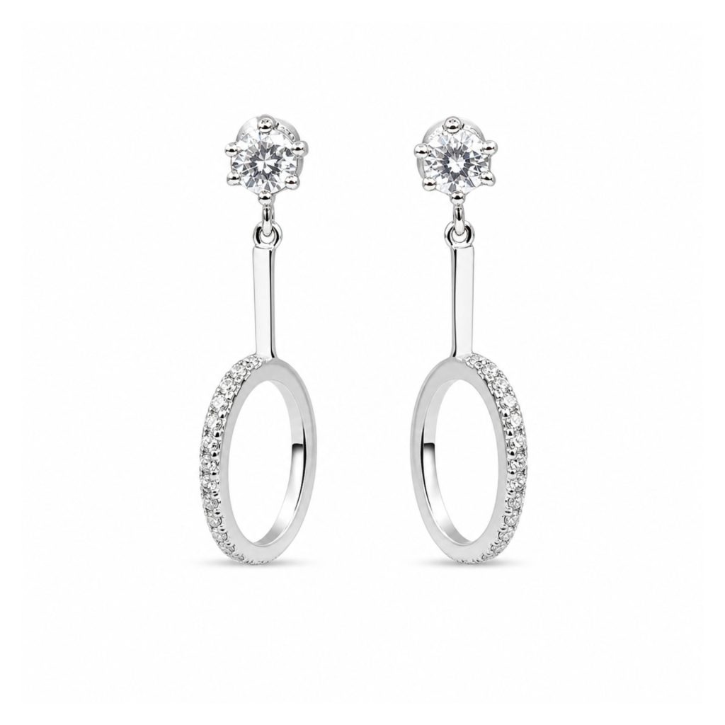Cercei din Argint 925, Model Cerc Oval Suspendat, Piatra Rotunda la Baza si Contur Decorat cu Pietre Stralucitoare, Greutate 2.9 g, Argintiu