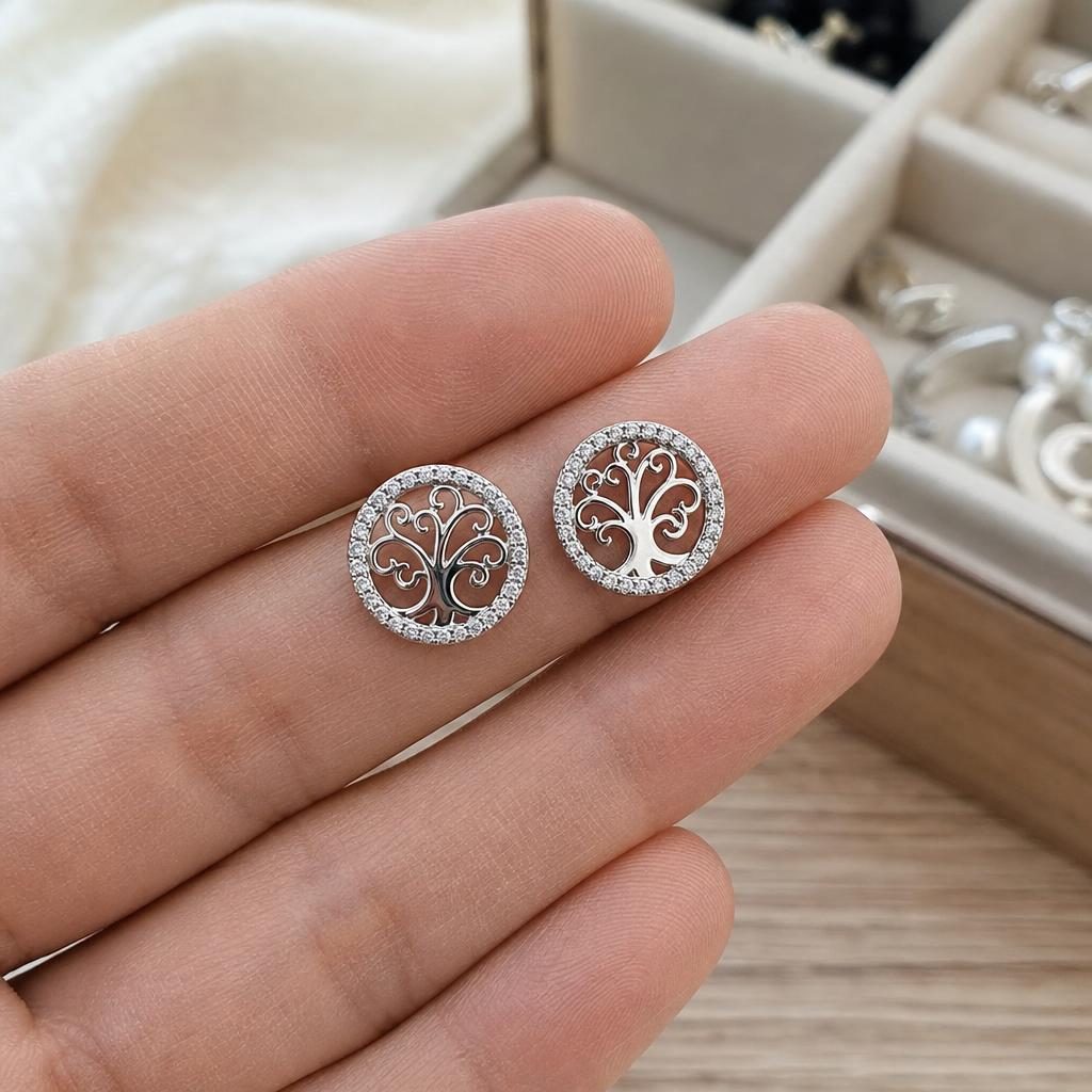 Cercei din Argint 925, Jolie Silver, Model Copacul Vieții în Cerc, cu Zirconii Albe, Finisaj Lucios, 1,7 g, Argintiu - Image 3