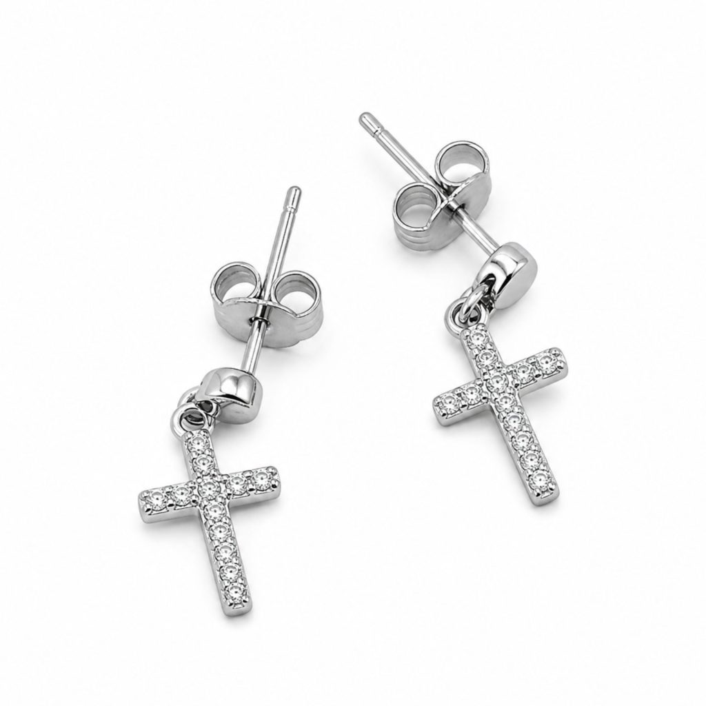 Cercei Tip Stud din Argint 925, Model Cruce Suspendata, Decor cu Pietre Stralucitoare, Sistem de Prindere cu Tija si Fluturas, Greutate 1.1 g, Argintiu
