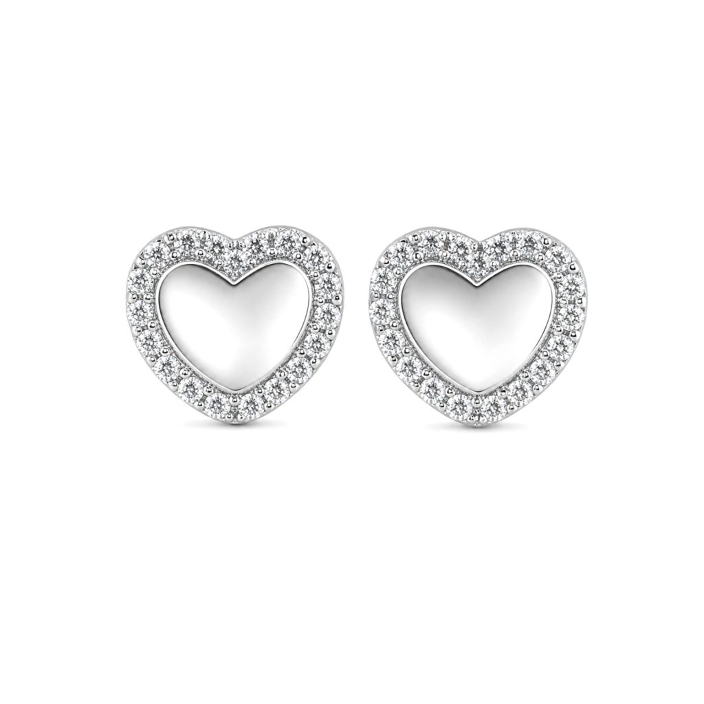 Cercei Tip Stud din Argint 925, Model Inima Conturata, Centru Neted si Margine Decorata cu Zirconii Stralucitoare, Argintiu