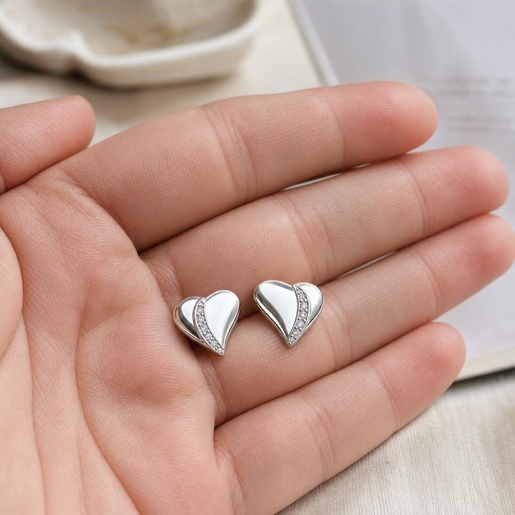 Cercei Tip Stud din Argint 925, Model Inima, Suprafata Decorata cu Zirconii Stralucitoare, Greutate 1.3 g, Argintiu - Image 2