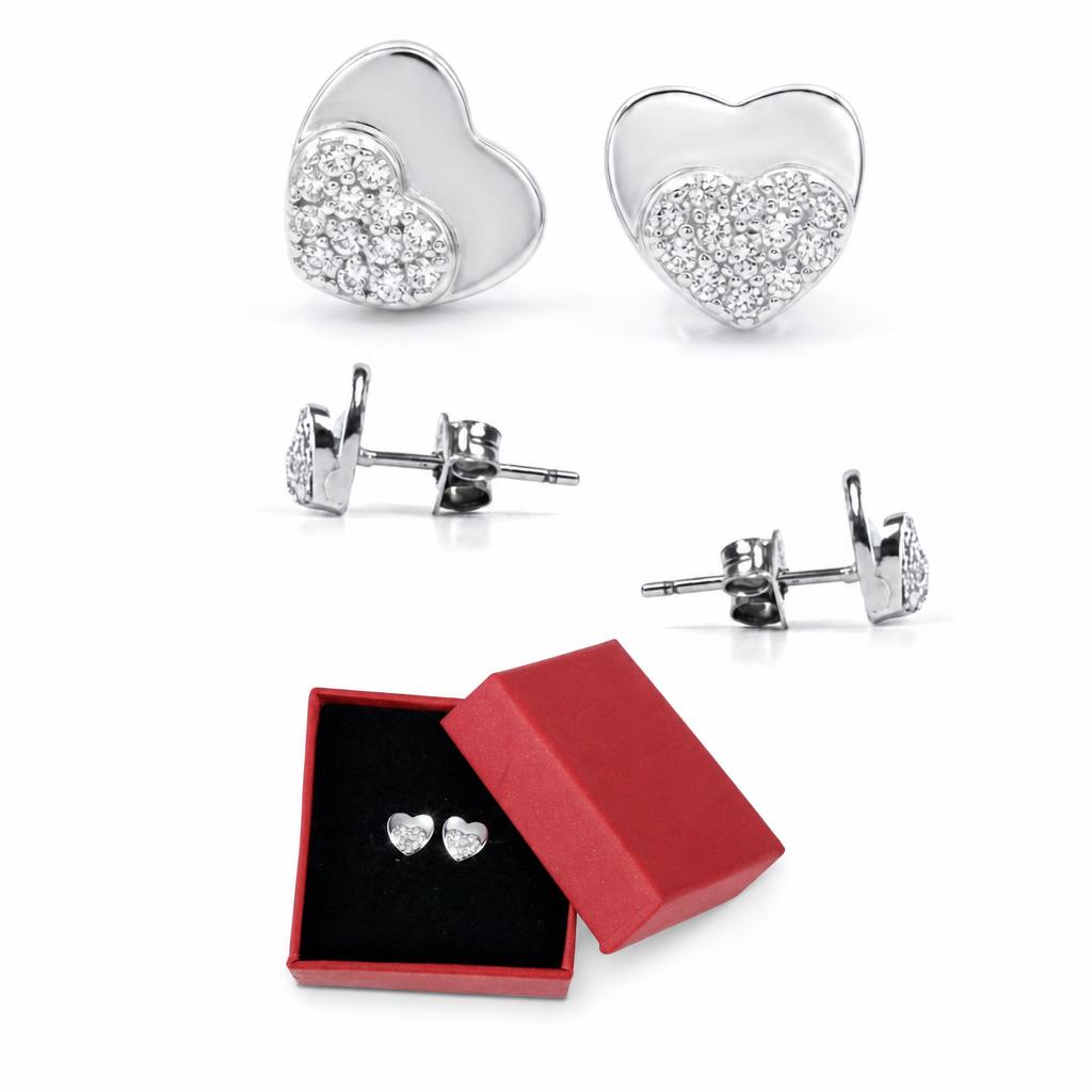 Cercei Tip Stud din Argint 925, Jolie Silver, Model Inimă Dublă cu Zirconii Albe, Finisaj Lucios, 1,2 g, Argintiu - Image 5