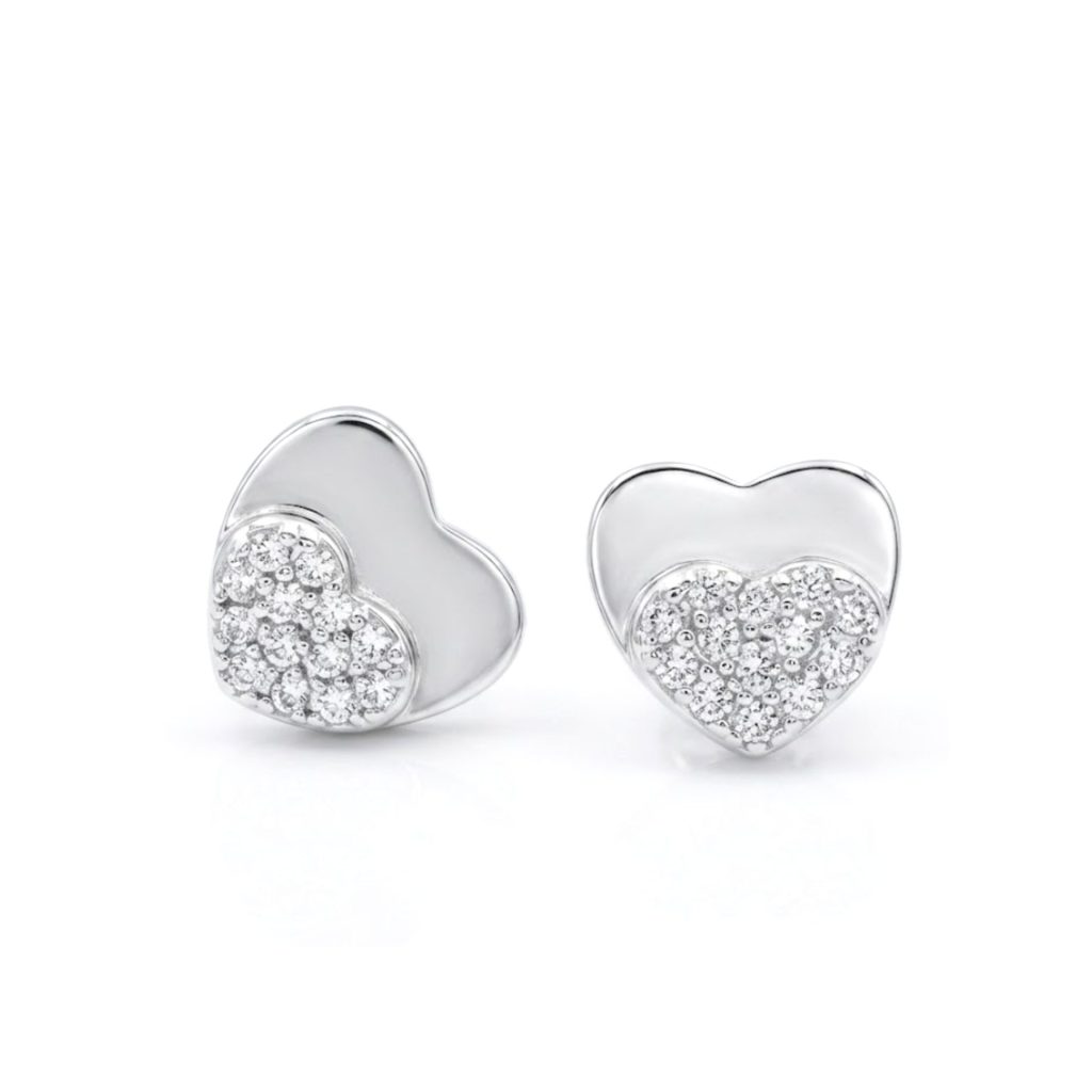 Cercei Tip Stud din Argint 925, Jolie Silver, Model Inimă Dublă cu Zirconii Albe, Finisaj Lucios, 1,2 g, Argintiu