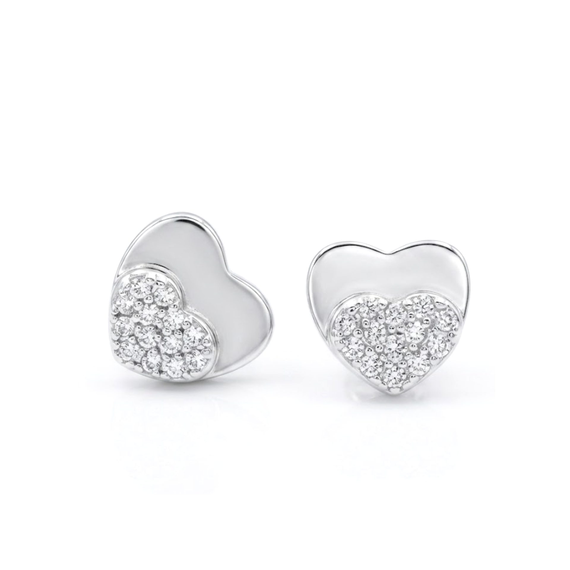Cercei Tip Stud din Argint 925, Jolie Silver, Model Inimă Dublă cu Zirconii Albe, Finisaj Lucios, 1,2 g, Argintiu