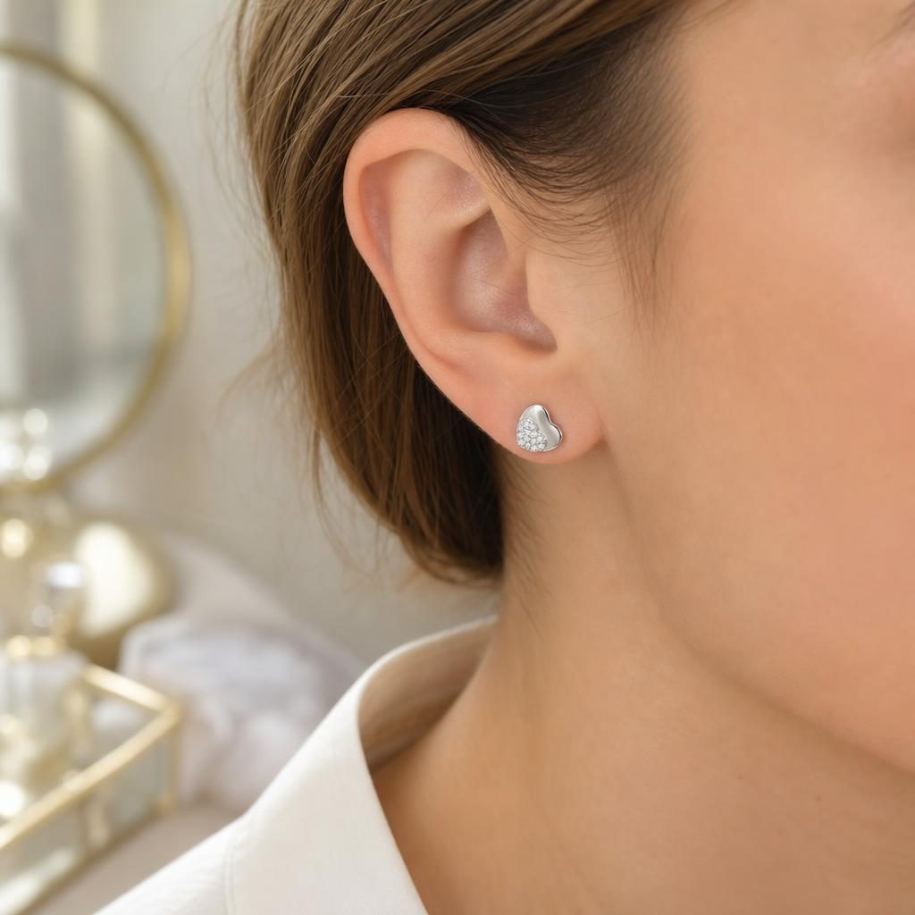 Cercei Tip Stud din Argint 925, Jolie Silver, Model Inimă Dublă cu Zirconii Albe, Finisaj Lucios, 1,2 g, Argintiu - Image 6
