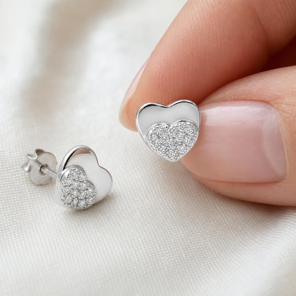 Cercei Tip Stud din Argint 925, Jolie Silver, Model Inimă Dublă cu Zirconii Albe, Finisaj Lucios, 1,2 g, Argintiu - Image 7