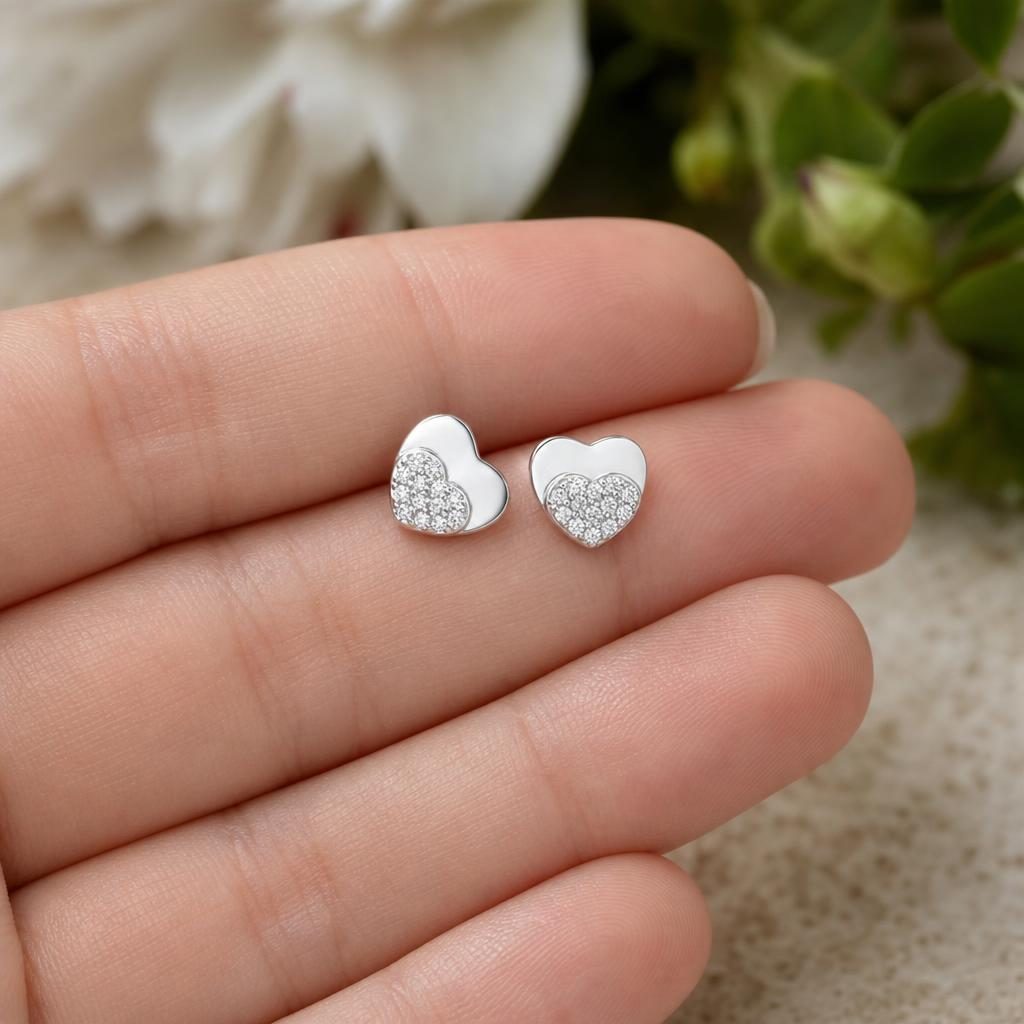 Cercei Tip Stud din Argint 925, Jolie Silver, Model Inimă Dublă cu Zirconii Albe, Finisaj Lucios, 1,2 g, Argintiu - Image 8