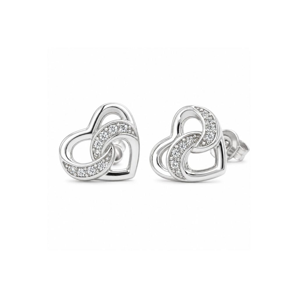 Cercei din Argint 925, Jolie Silver, Model Inimă Împletită, cu Zirconii Albe, Finisaj Lucios, 1,5 g, Argintiu