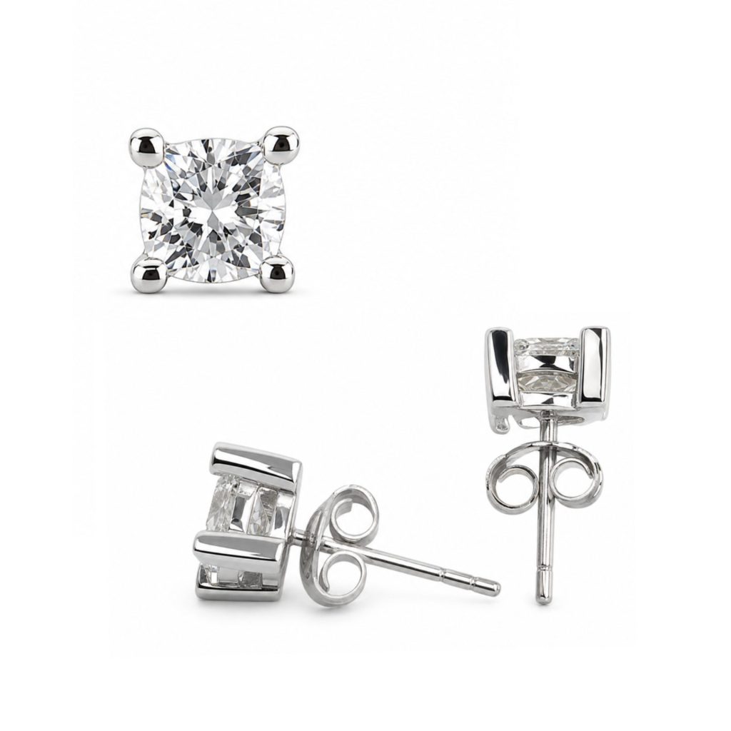 Cercei Damă din Argint 925 cu Șurub, Jolie Silver, Model Pătrat cu Piatră Rotundă, Design Elegant și Delicat, Argintiu