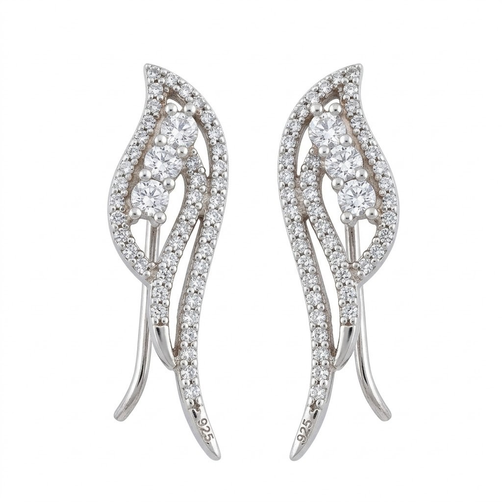 Cercei din Argint 925, Jolie Silver, pentru Dama, Model Aripi pe Lob cu Pietre cu Zirconiu, 3.3 g, Design Fin si Romantic, Argintiu