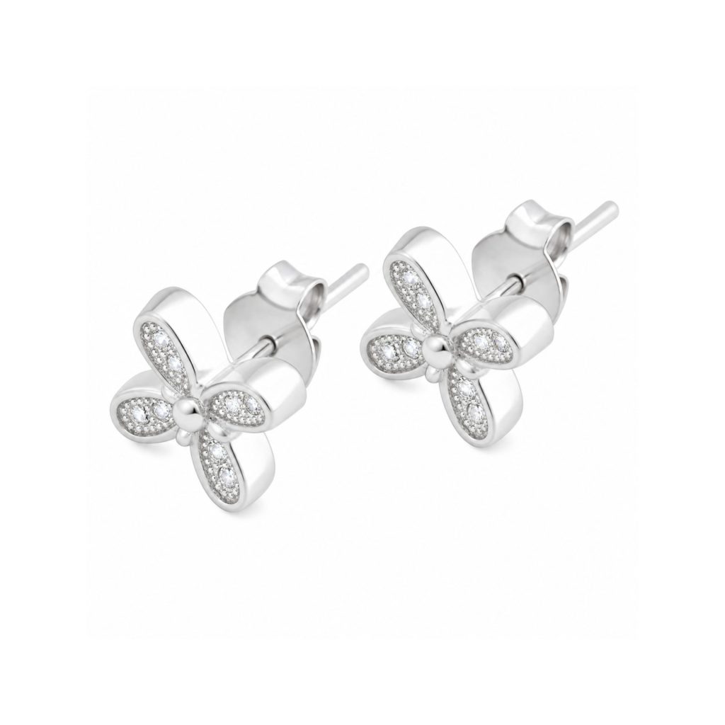 Cercei Tip Stud din Argint 925, Model Fluture cu Aripi Decorate cu Pietre Stralucitoare, Sistem de Prindere cu Tija si Fluturas, Argintiu