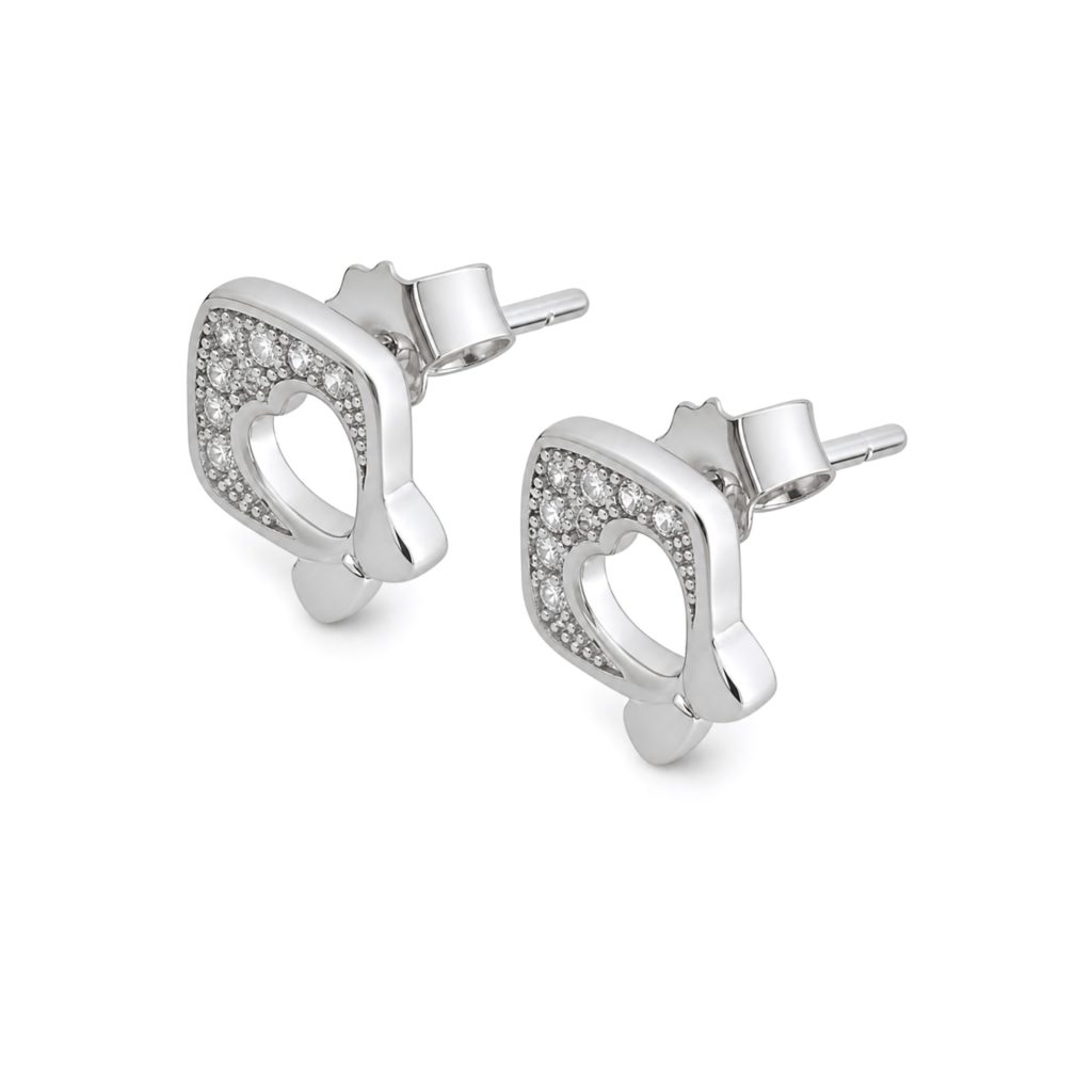 Cercei Tip Stud din Argint 925, Model Fundita, Suprafata Decorata cu Pietre Stralucitoare, Sistem de Prindere cu Tija si Fluturas, Greutate 1.2 g, Argintiu