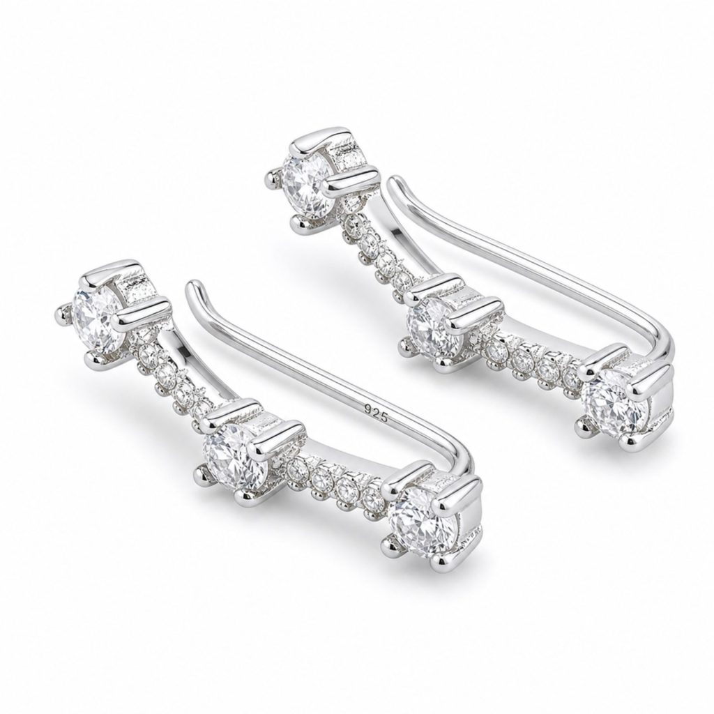Cercei din Argint 925, Jolie Silver, pentru Dama, Model Bagheta pe Lob cu Pietre, 2.4 g, Design Fin si Romantic, Argintiu