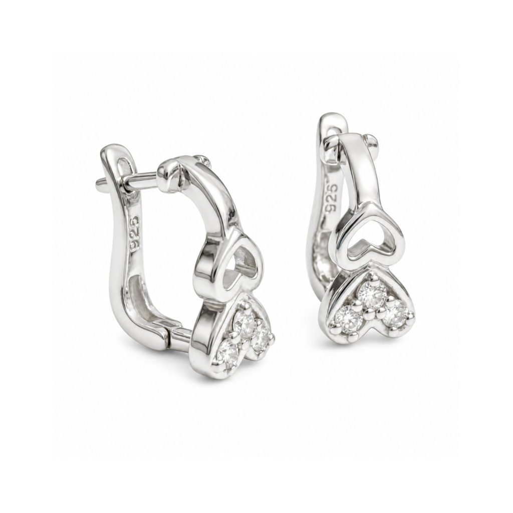 Cercei din Argint 925, Jolie Silver, pentru Dama, Model Tortite Cu Doua Inimi, 1.9 g, Design Fin si Romantic, Argintiu