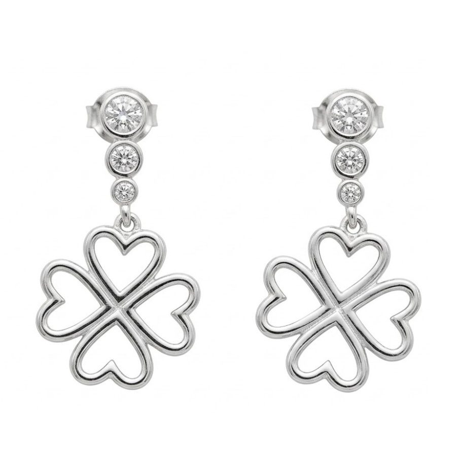 Cercei din Argint 925, Jolie Silver, pentru Dama, Model Trifoi Contur Cu 3 Pietre, 4.3 g, Argintiu