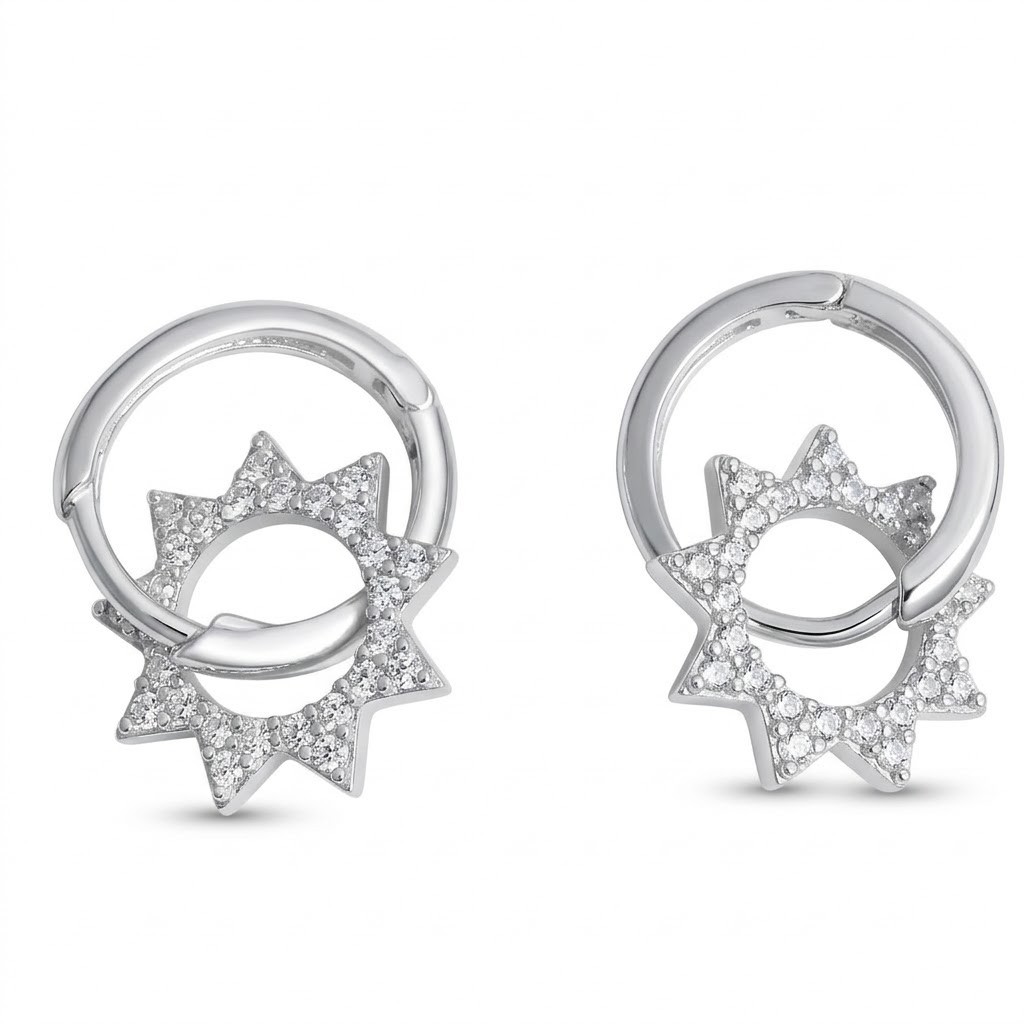 Cercei din Argint 925, Jolie Silver, pentru Dama, Model Soare cu Cristale, 2.6 g, Design Elegant si Romantic, Argintiu