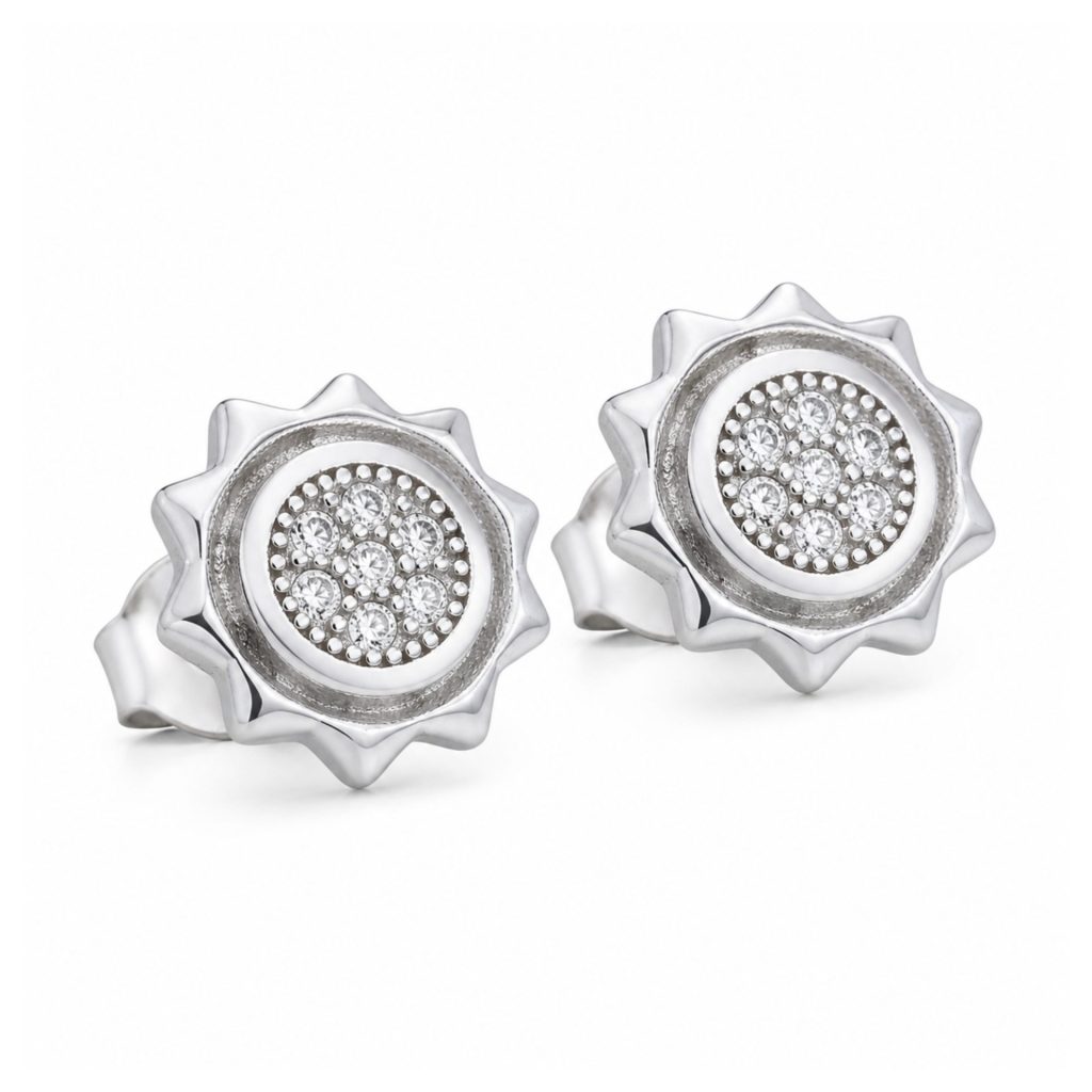 Cercei Tip Stud din Argint 925, Jolie Silver, Model Soare cu Zirconii Albe, Finisaj Lucios, 1,2 g, Argintiu