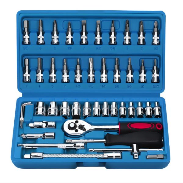 Chei tubulare Set 46 de Piese, Flippy, Trusa Scule de Reparatii Auto, Prelungitoare Rigid si Flexibil, Articulatie Cardanica, Antrenor de Forta Glisant, Adaptoare, Maner pentru Surubelnita, 23 x 12 x 4 cm, 1.9 kg, Cutie Albastra