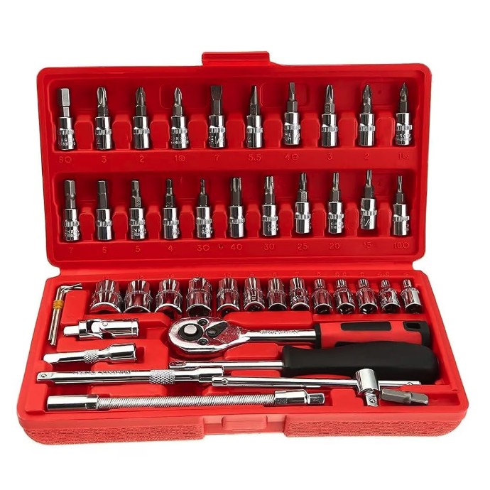 Chei tubulare Set 46 de Piese, Flippy, Trusa Scule de Reparatii Auto, Prelungitoare Rigid si Flexibil, Articulatie Cardanica, Antrenor de Forta Glisant, Adaptoare, Maner pentru Surubelnita, 23 x 12 x 4 cm, 1.9 kg, Cutie Rosie