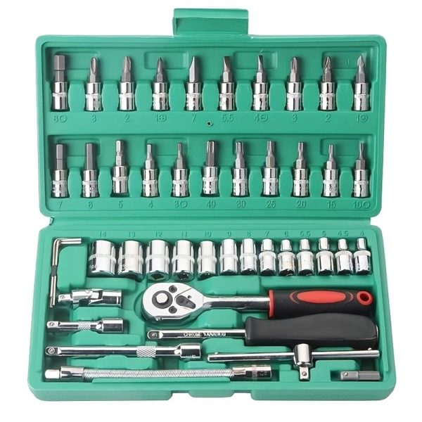 Chei tubulare Set 46 de Piese, Flippy, Trusa Scule de Reparatii Auto, Prelungitoare Rigid si Flexibil, Articulatie Cardanica, Antrenor de Forta Glisant, Adaptoare, Maner pentru Surubelnita, 23 x 12 x 4 cm, 1.9 kg, Cutie Verde
