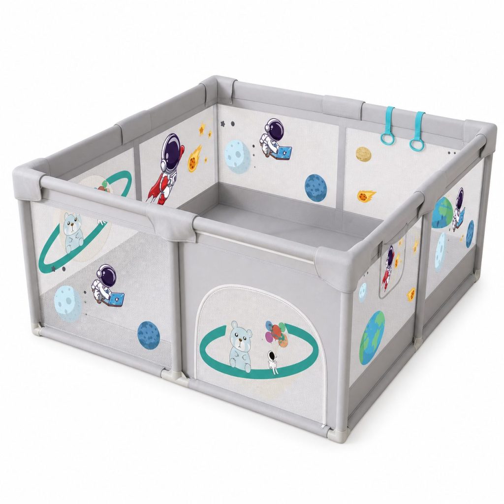 Tarc Spatiu de Joaca pentru Copii DNT-113, Flippy, 180 x 150 x 65 cm, Structura de Protectie pentru Interior, ABS si Poliester rezistent, Bej/Gri